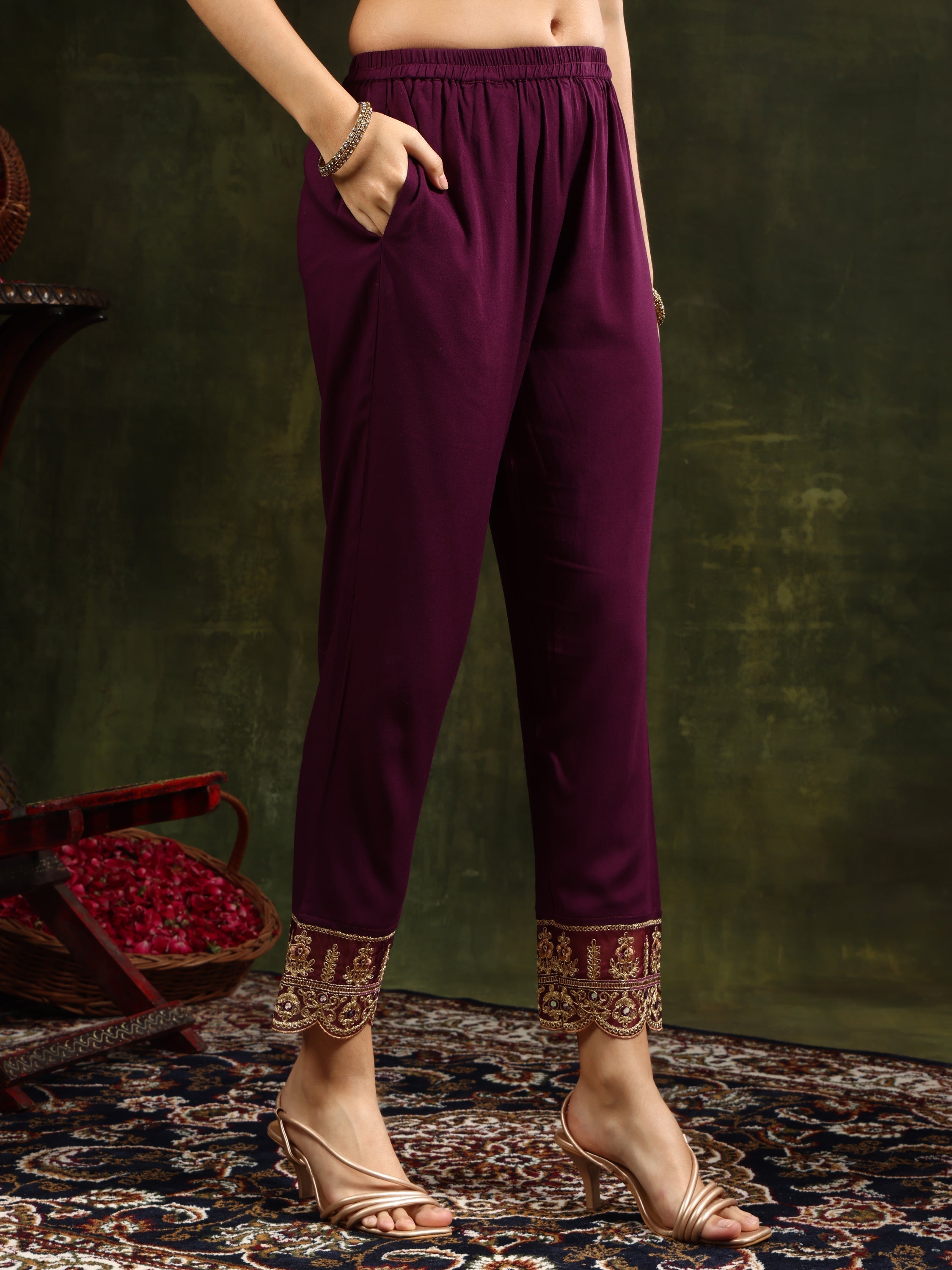 Nyra Cut Embroidered & Floral Printed Kurta With Pant & Foil Print Dupatta, Wine - Hiral Fashion