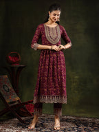 Nyra Cut Embroidered & Floral Printed Kurta With Pant & Foil Print Dupatta, Wine - Hiral Fashion