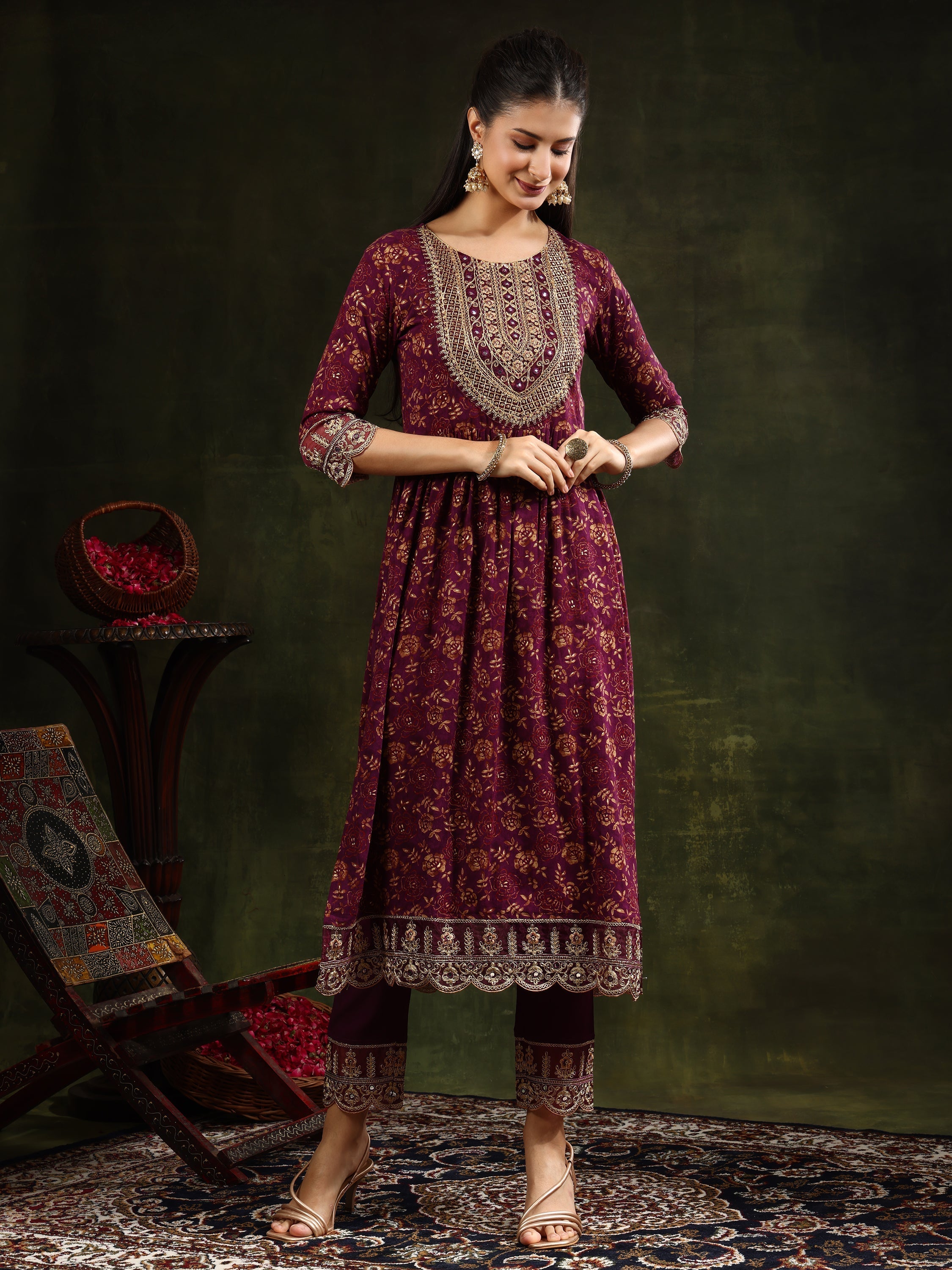 Nyra Cut Embroidered & Floral Printed Kurta With Pant & Foil Print Dupatta, Wine - Hiral Fashion