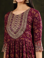 Nyra Cut Embroidered & Floral Printed Kurta With Pant & Foil Print Dupatta, Wine - Hiral Fashion