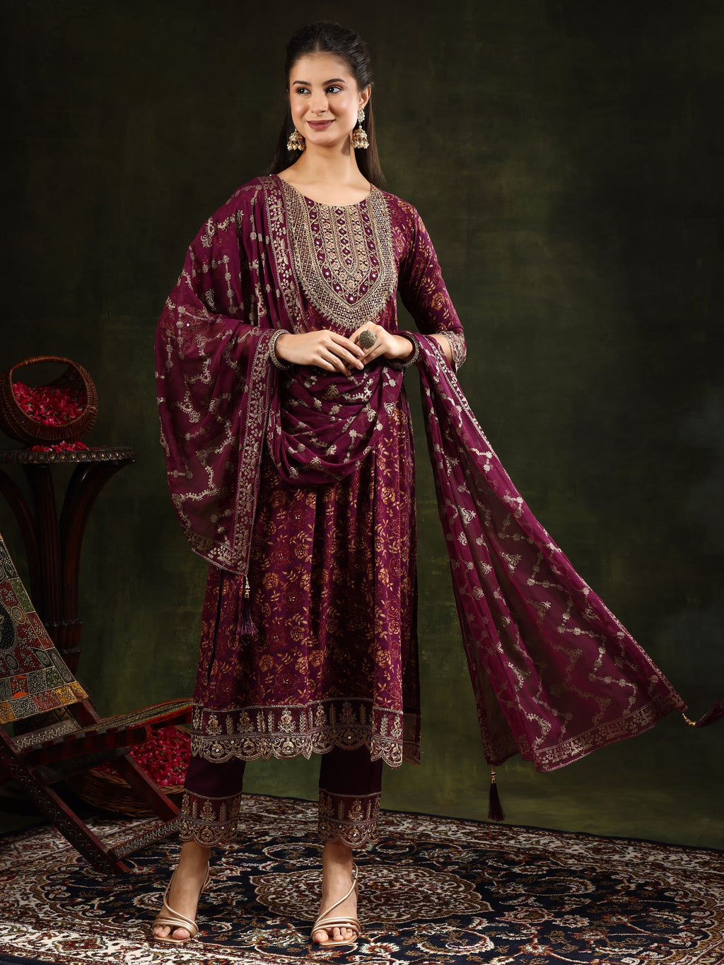 Nyra Cut Embroidered & Floral Printed Kurta With Pant & Foil Print Dupatta, Wine - Hiral Fashion