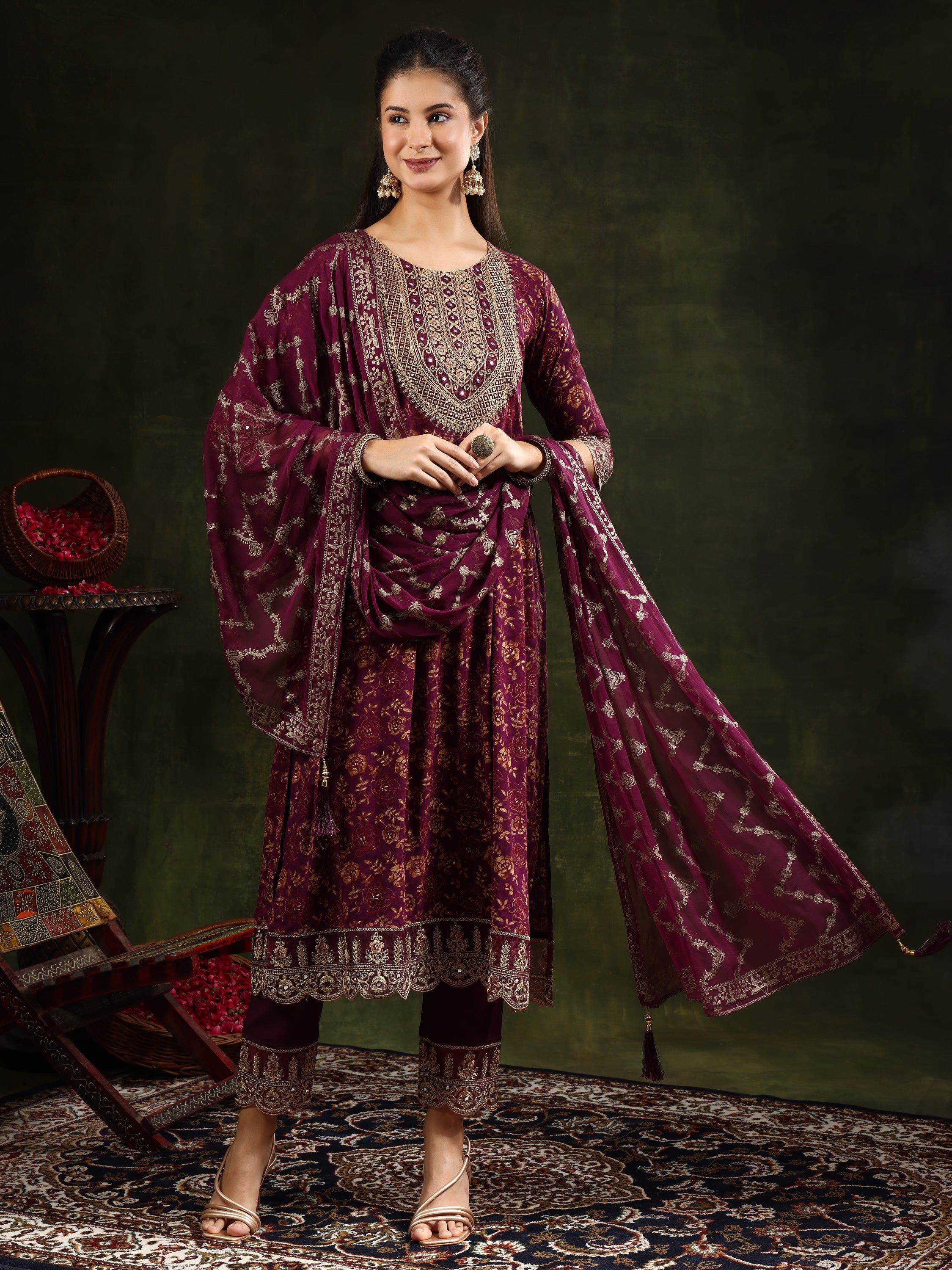 Nyra Cut Embroidered & Floral Printed Kurta With Pant & Foil Print Dupatta, Wine - Hiral Fashion