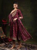 Nyra Cut Embroidered & Floral Printed Kurta With Pant & Foil Print Dupatta, Wine - Hiral Fashion