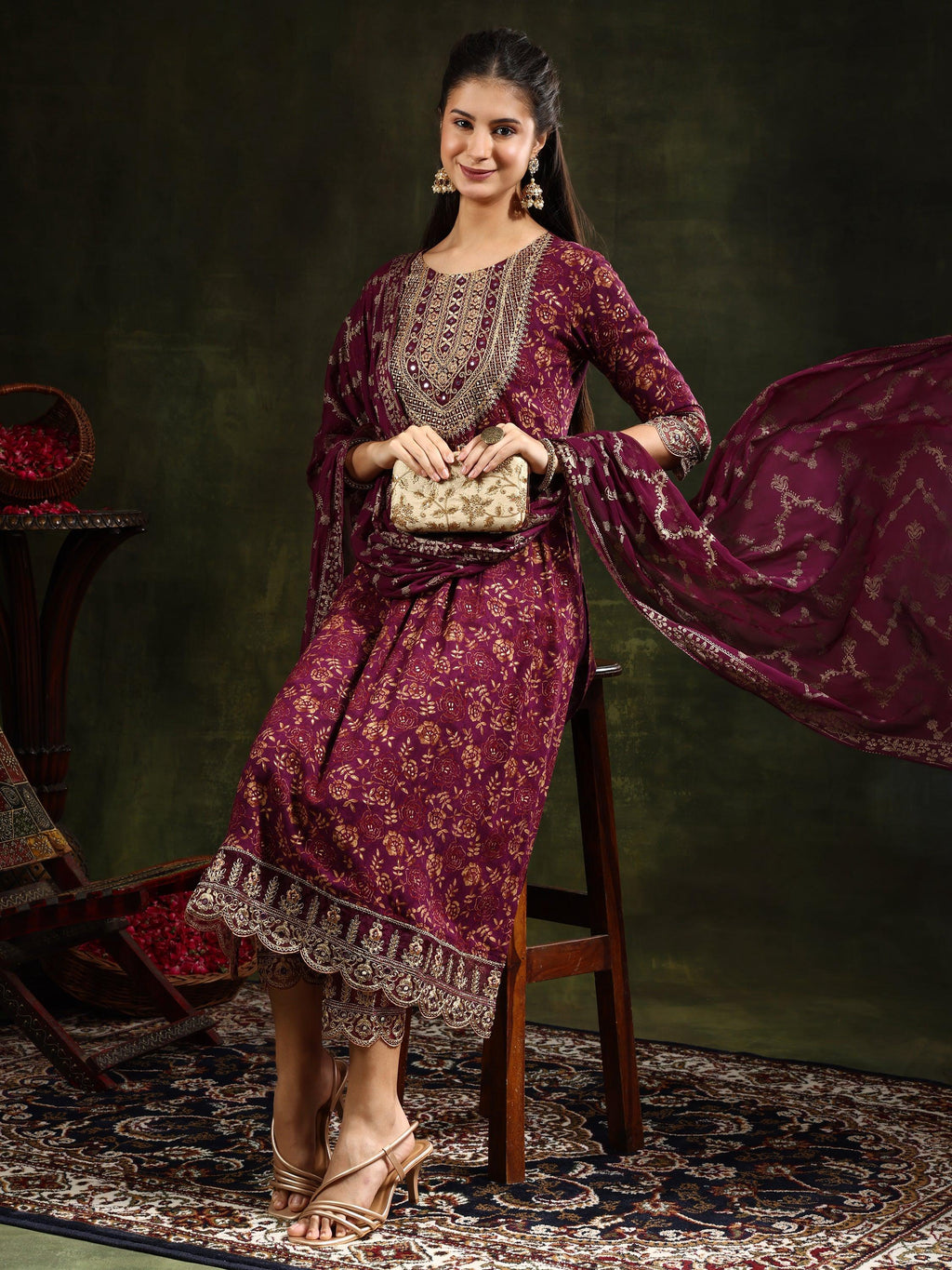 Nyra Cut Embroidered & Floral Printed Kurta With Pant & Foil Print Dupatta, Wine - Hiral Fashion