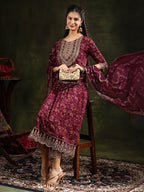 Nyra Cut Embroidered & Floral Printed Kurta With Pant & Foil Print Dupatta, Wine - Hiral Fashion
