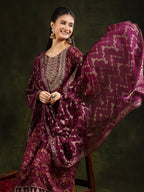 Nyra Cut Embroidered & Floral Printed Kurta With Pant & Foil Print Dupatta, Wine - Hiral Fashion
