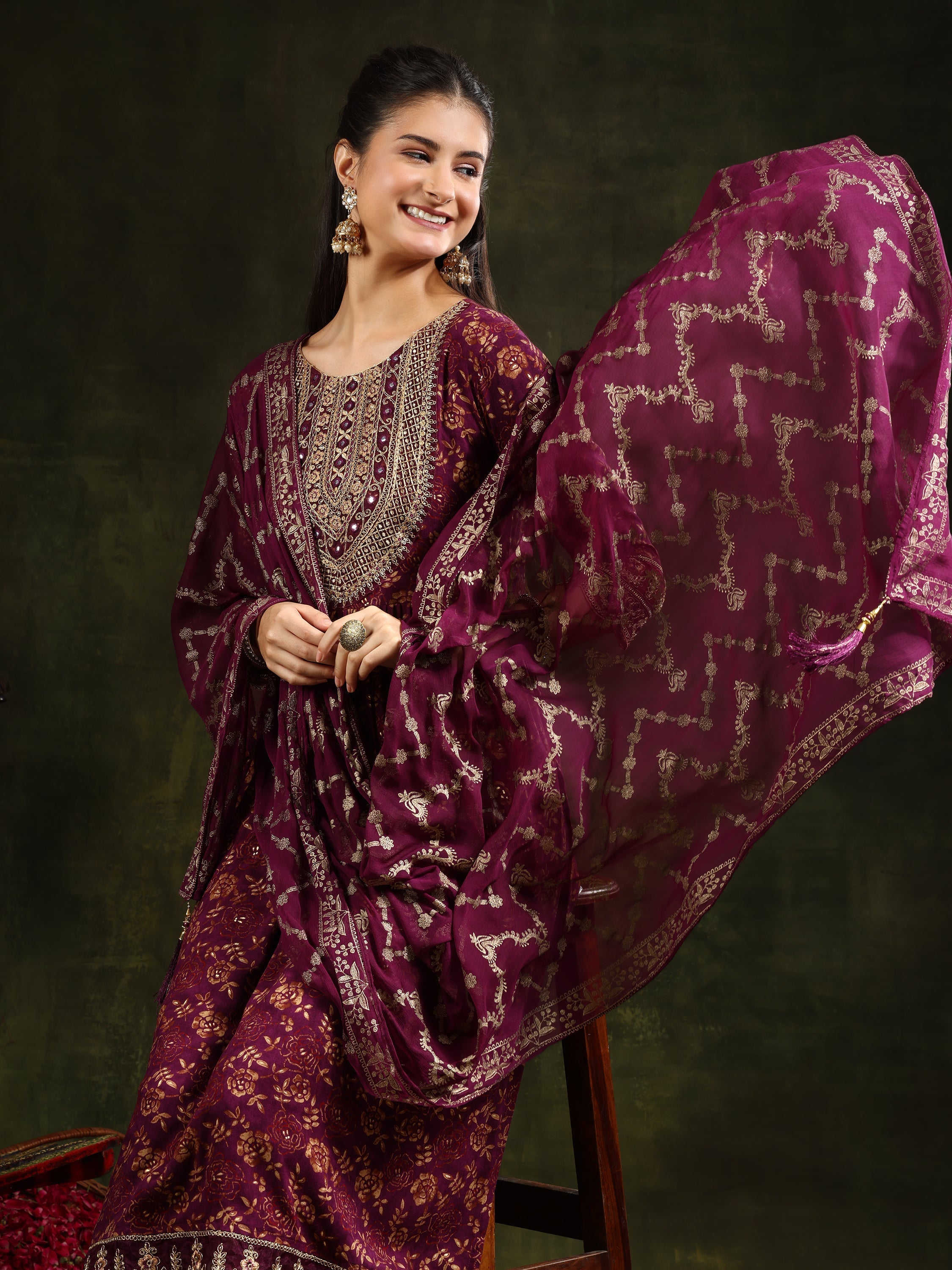 Nyra Cut Embroidered & Floral Printed Kurta With Pant & Foil Print Dupatta, Wine - Hiral Fashion
