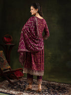Nyra Cut Embroidered & Floral Printed Kurta With Pant & Foil Print Dupatta, Wine - Hiral Fashion