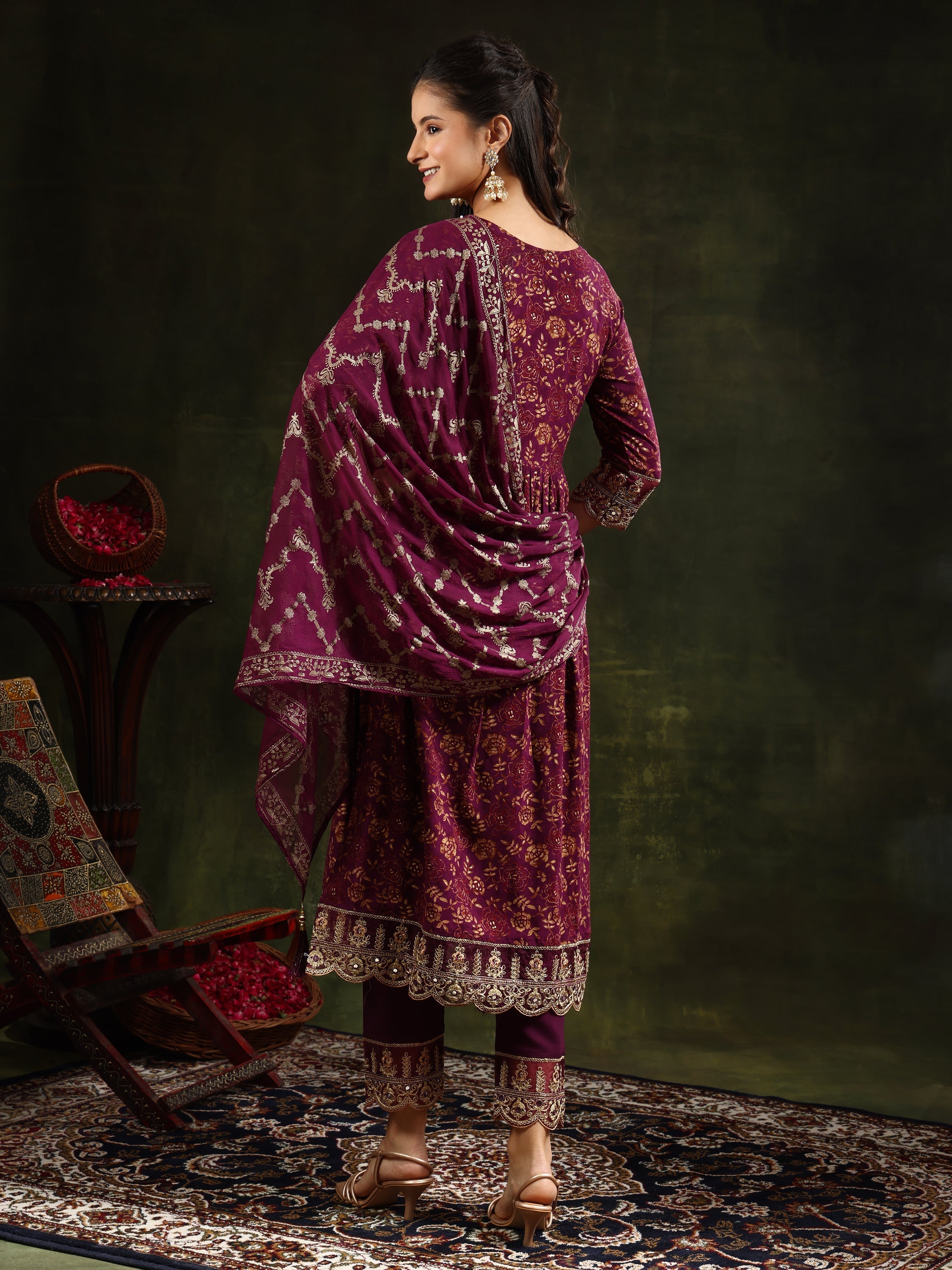 Nyra Cut Embroidered & Floral Printed Kurta With Pant & Foil Print Dupatta, Wine - Hiral Fashion