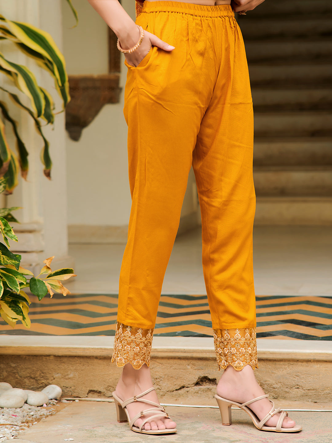 Nyra Cut Embroidered & Printed Kurta With Pant & Dupatta, Mustard - Hiral Fashion