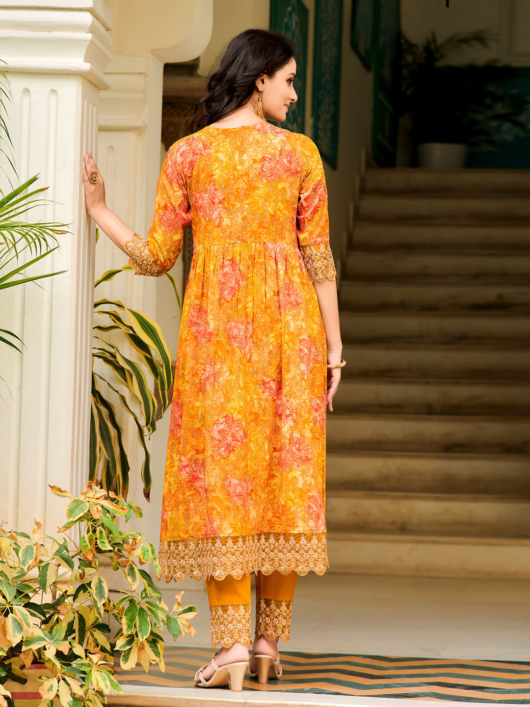 Nyra Cut Embroidered & Printed Kurta With Pant & Dupatta, Mustard - Hiral Fashion