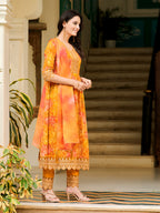 Nyra Cut Embroidered & Printed Kurta With Pant & Dupatta, Mustard - Hiral Fashion