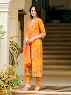 Nyra Cut Embroidered & Printed Kurta With Pant & Dupatta, Mustard - Hiral Fashion