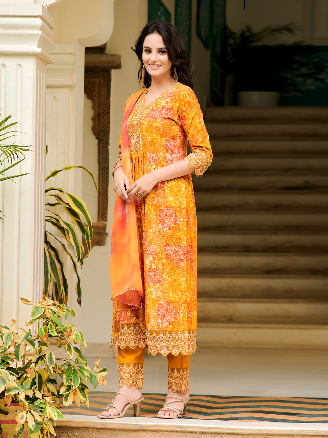 Nyra Cut Embroidered & Printed Kurta With Pant & Dupatta, Mustard - Hiral Fashion