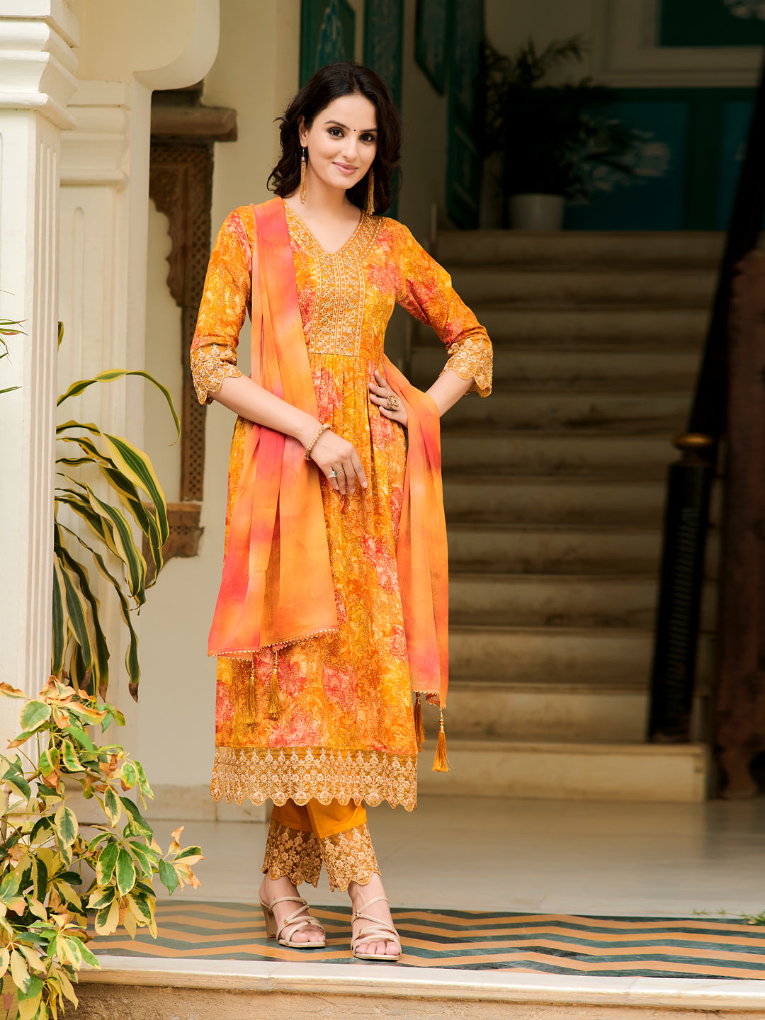 Nyra Cut Embroidered & Printed Kurta With Pant & Dupatta, Mustard - Hiral Fashion