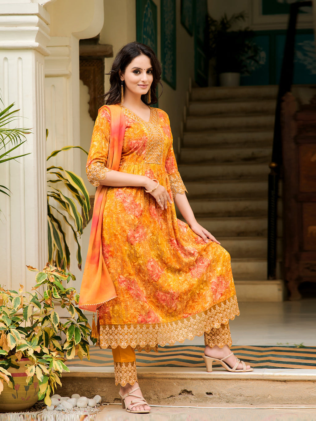 Nyra Cut Embroidered & Printed Kurta With Pant & Dupatta, Mustard - Hiral Fashion