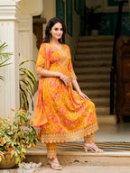 Nyra Cut Embroidered & Printed Kurta With Pant & Dupatta, Mustard - Hiral Fashion