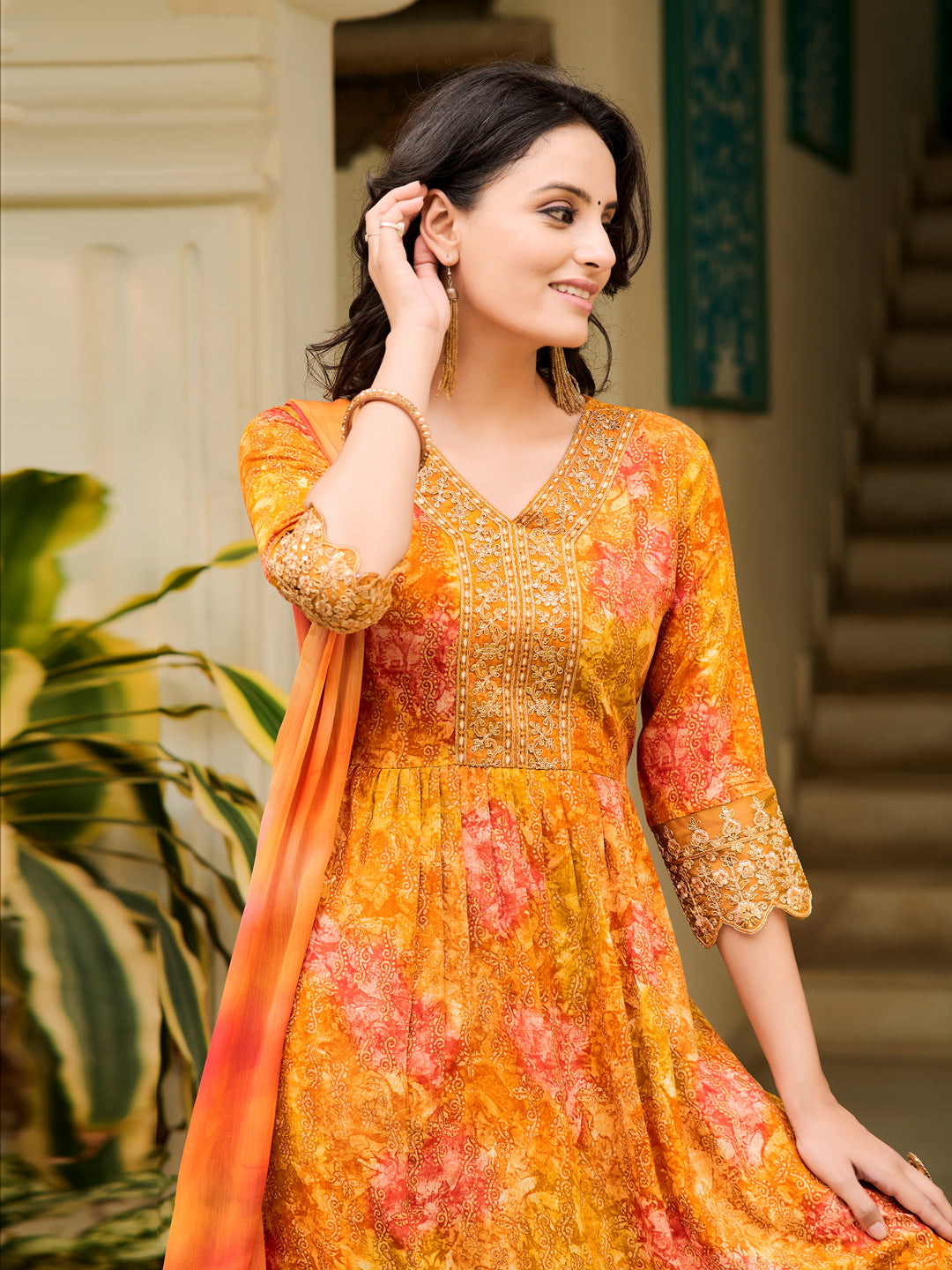 Nyra Cut Embroidered & Printed Kurta With Pant & Dupatta, Mustard - Hiral Fashion