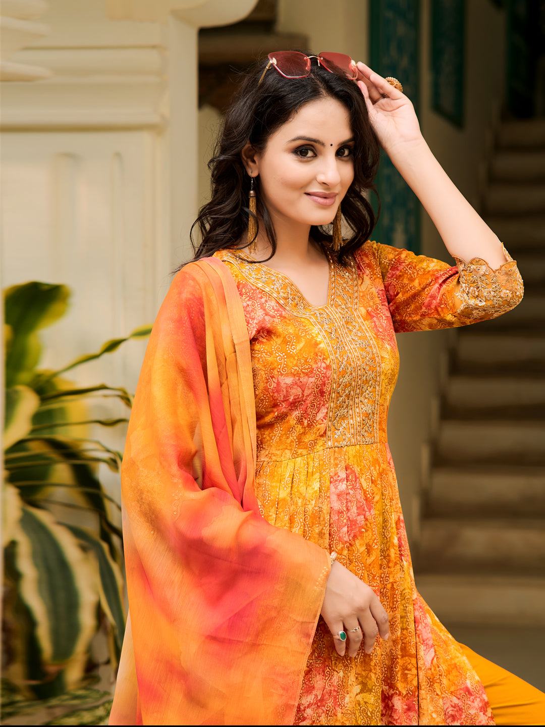 Nyra Cut Embroidered & Printed Kurta With Pant & Dupatta, Mustard - Hiral Fashion