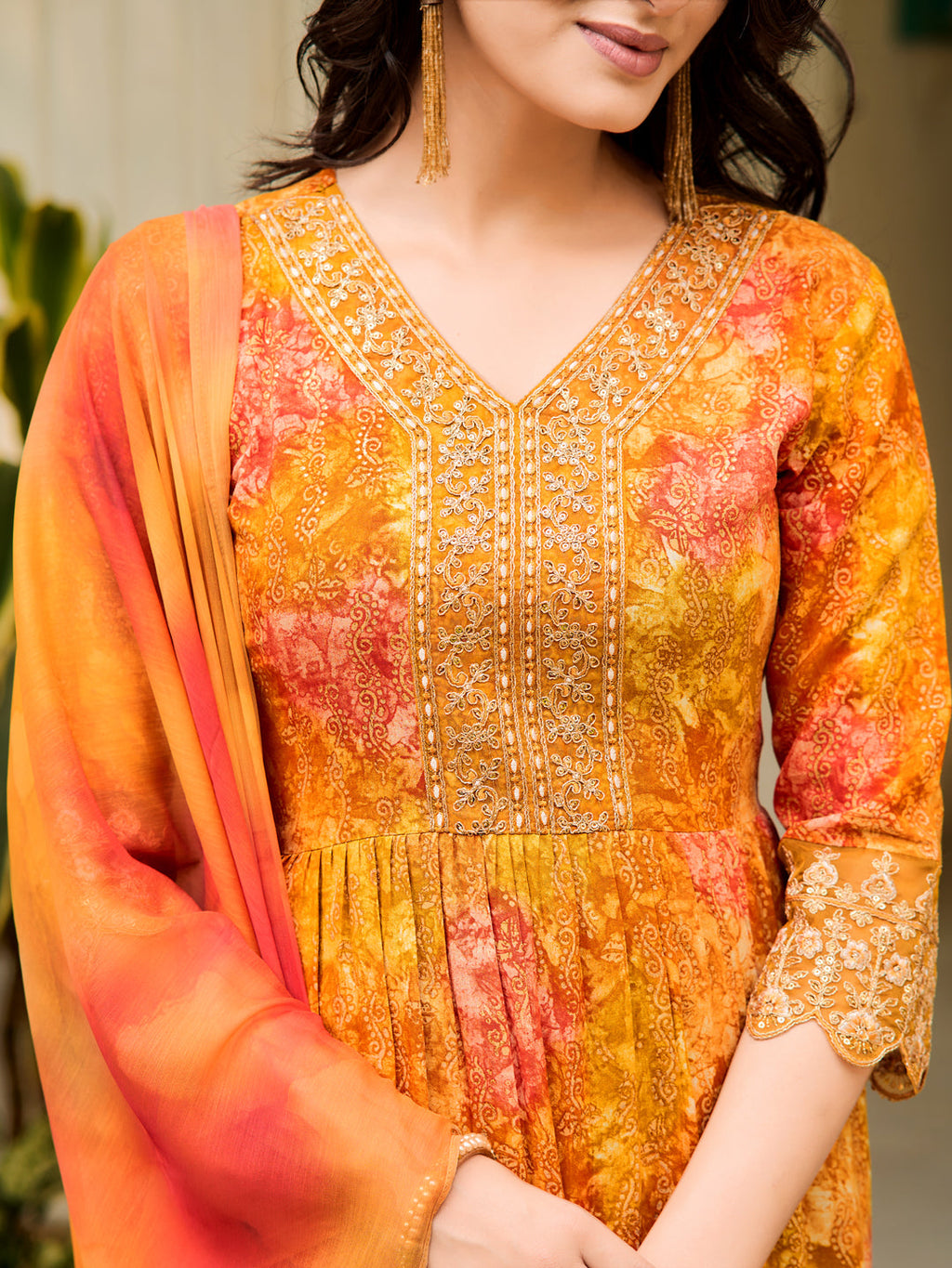 Nyra Cut Embroidered & Printed Kurta With Pant & Dupatta, Mustard - Hiral Fashion