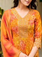 Nyra Cut Embroidered & Printed Kurta With Pant & Dupatta, Mustard - Hiral Fashion