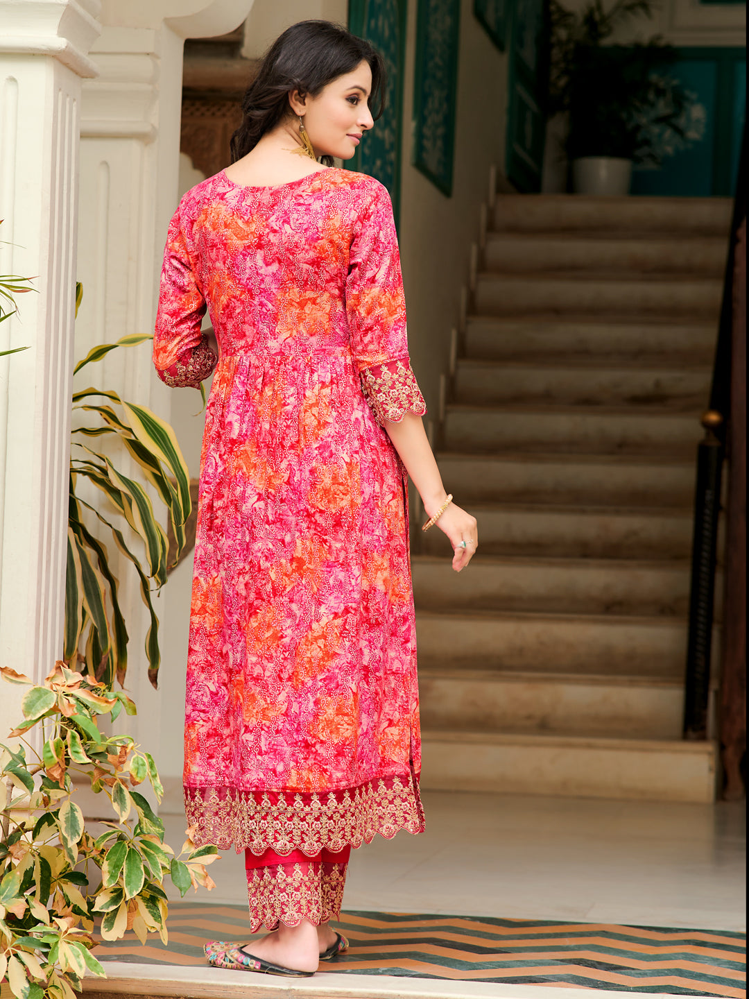 Nyra Cut Embroidered & Printed Kurta With Pant & Dupatta, Pink - Hiral Fashion - Distacart