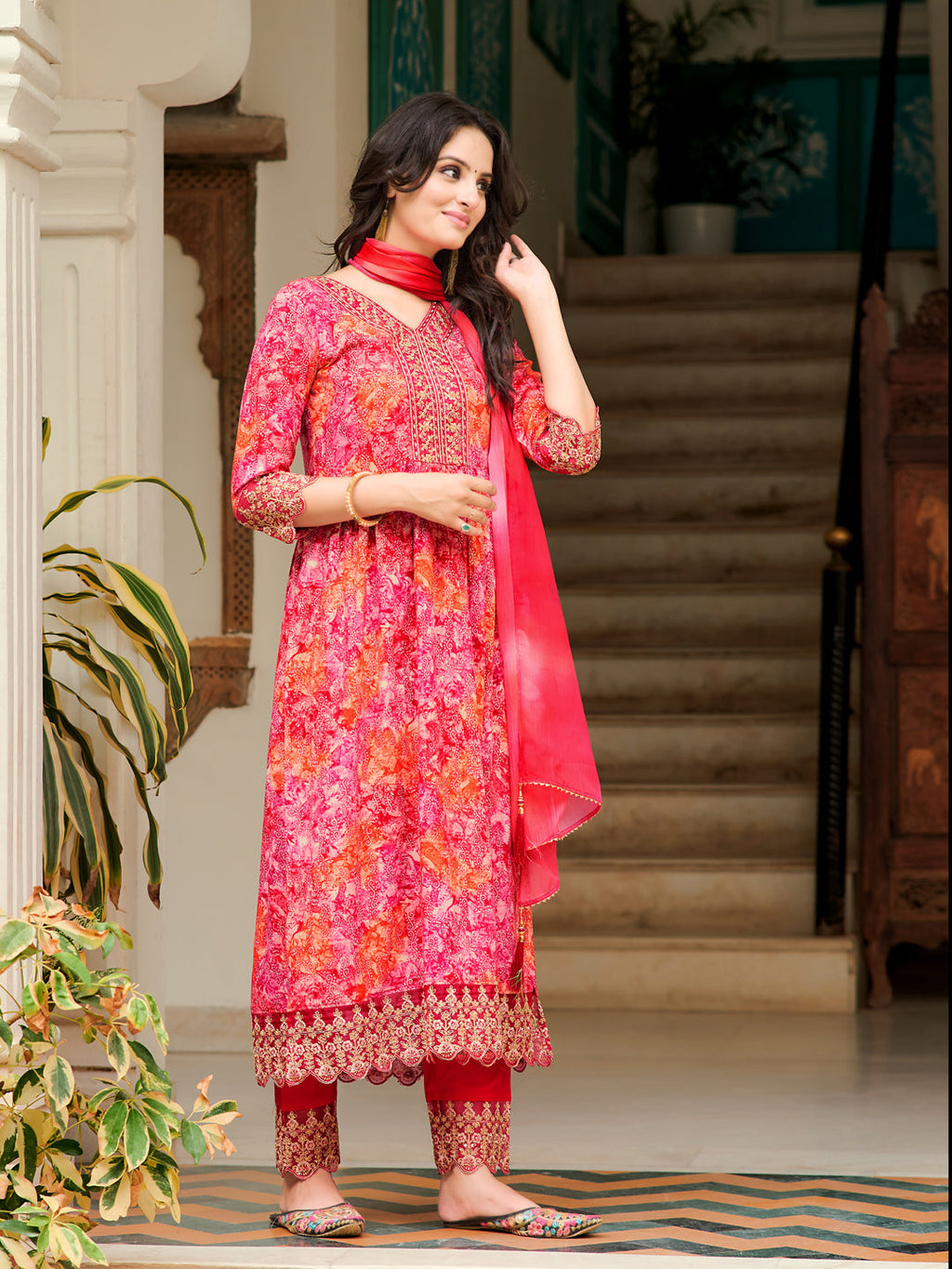 Nyra Cut Embroidered & Printed Kurta With Pant & Dupatta, Pink - Hiral Fashion - Distacart