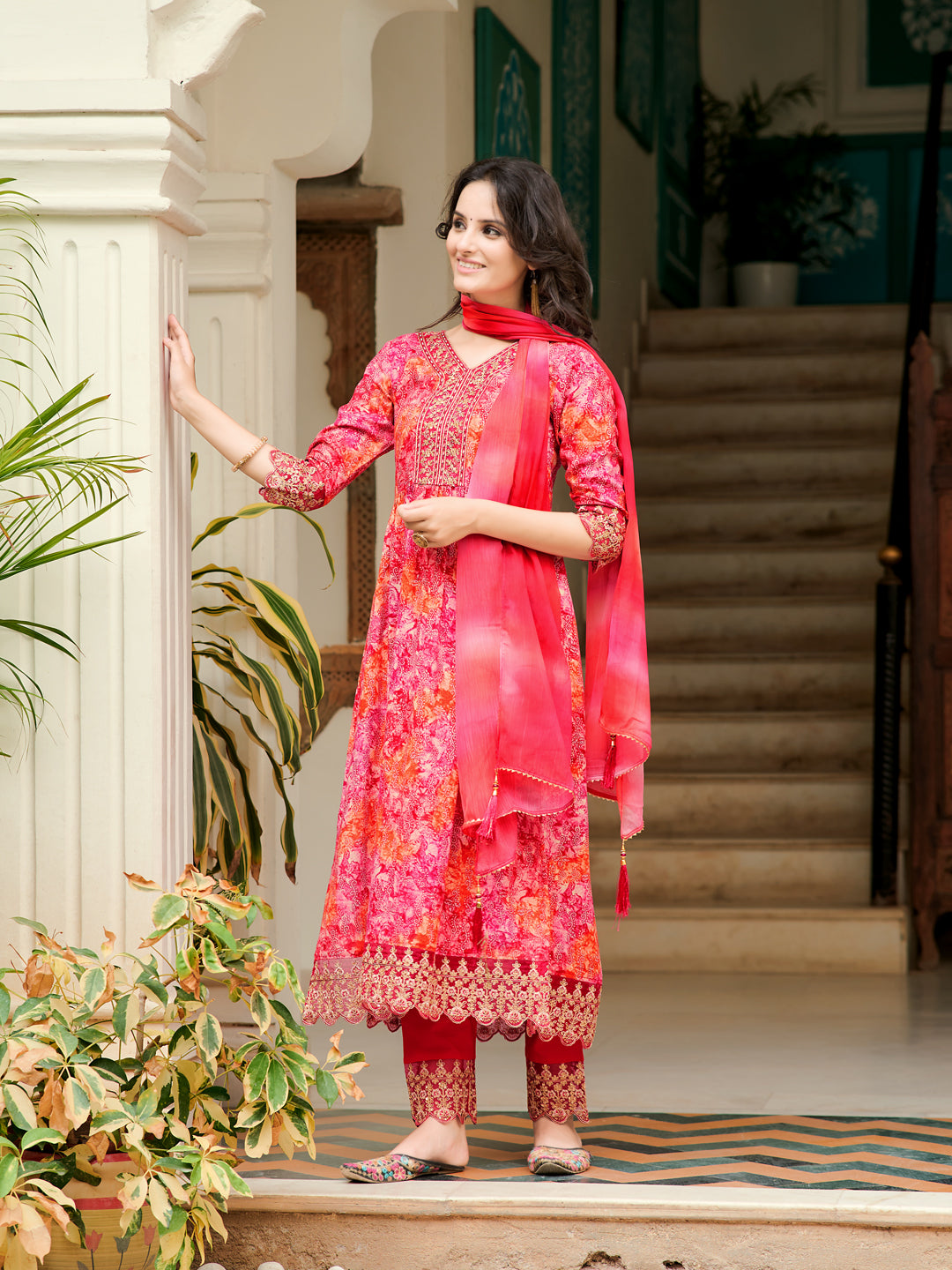Nyra Cut Embroidered & Printed Kurta With Pant & Dupatta, Pink - Hiral Fashion - Distacart