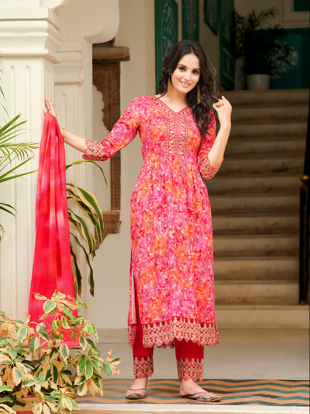 Nyra Cut Embroidered & Printed Kurta With Pant & Dupatta, Pink - Hiral Fashion - Distacart