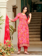 Nyra Cut Embroidered & Printed Kurta With Pant & Dupatta, Pink - Hiral Fashion - Distacart