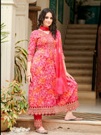 Nyra Cut Embroidered & Printed Kurta With Pant & Dupatta, Pink - Hiral Fashion - Distacart