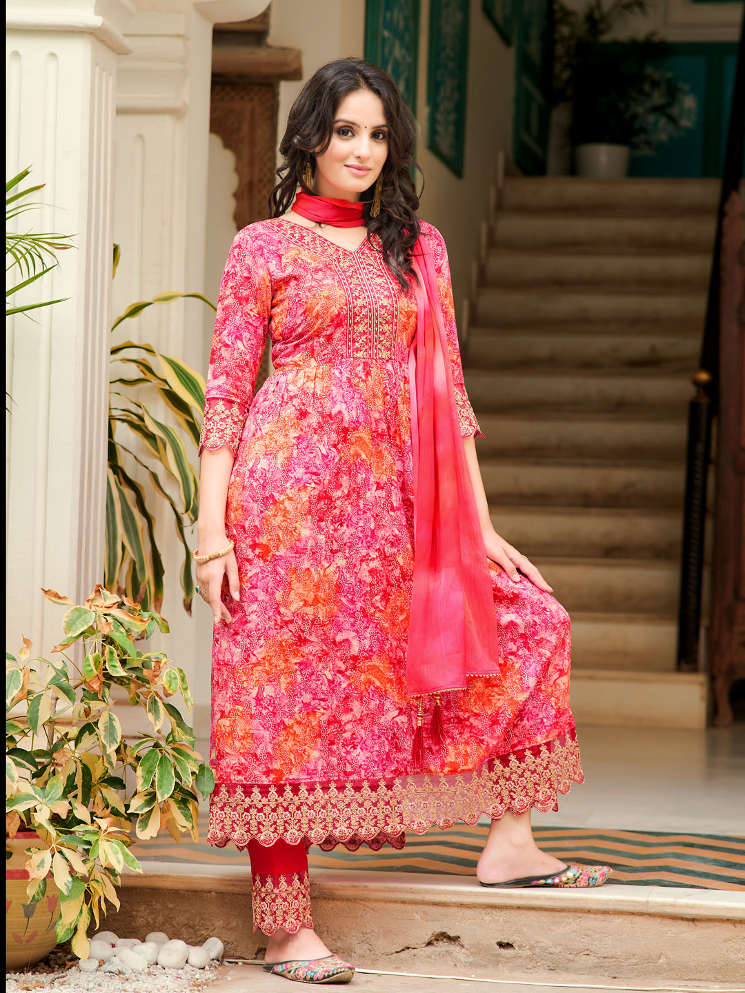 Nyra Cut Embroidered & Printed Kurta With Pant & Dupatta, Pink - Hiral Fashion - Distacart