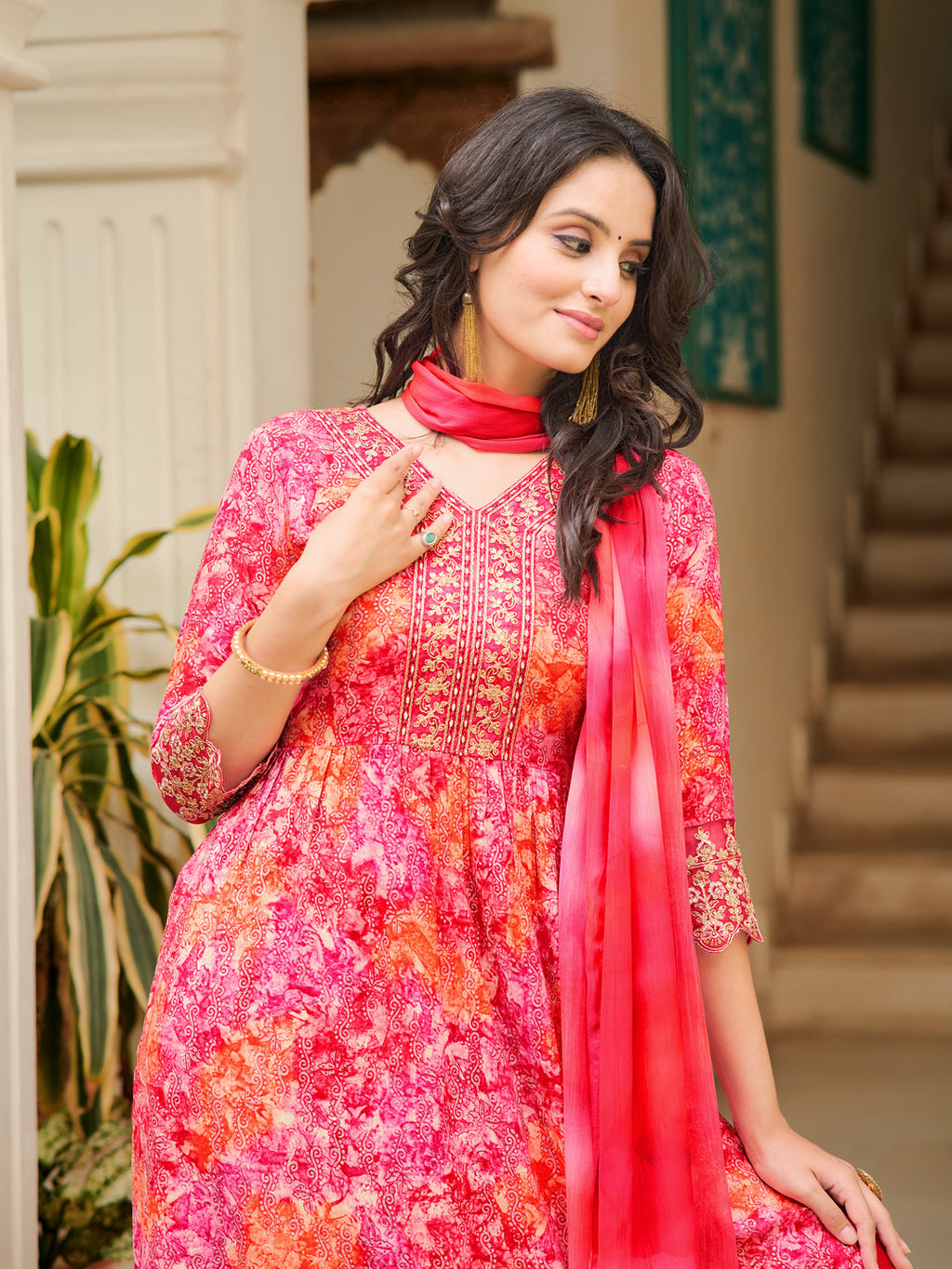 Nyra Cut Embroidered & Printed Kurta With Pant & Dupatta, Pink - Hiral Fashion - Distacart