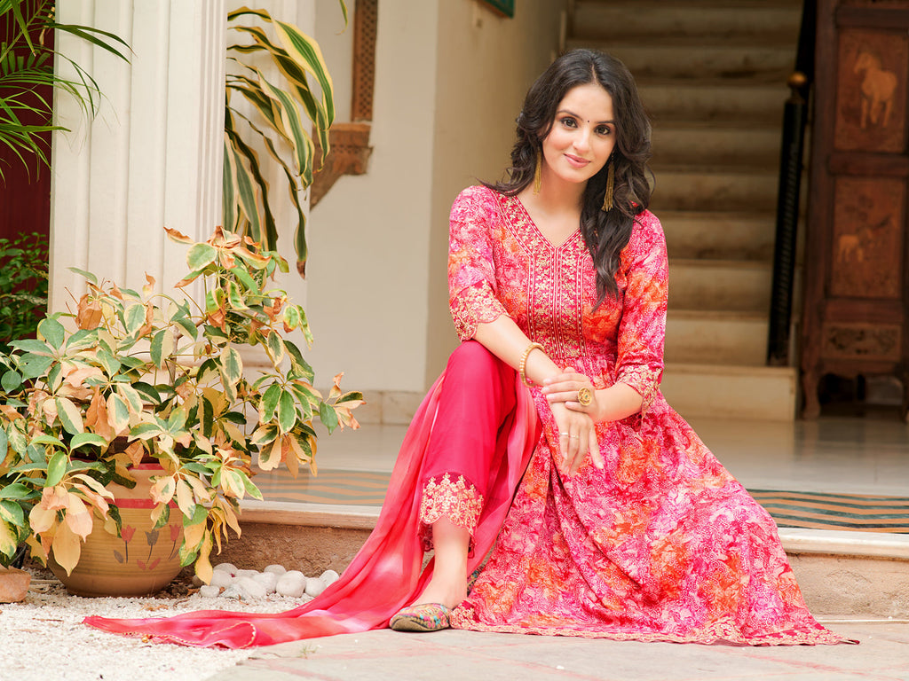 Nyra Cut Embroidered & Printed Kurta With Pant & Dupatta, Pink - Hiral Fashion - Distacart
