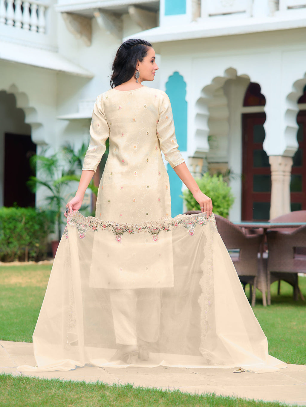 Hand Embroidered Banarasi Jacqauard Kurta With Pant & Embroidered Organza Dupatta, Cream - Hiral Fashion - Distacart