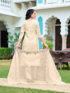 Hand Embroidered Banarasi Jacqauard Kurta With Pant & Embroidered Organza Dupatta, Cream - Hiral Fashion - Distacart