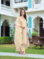 Hand Embroidered Banarasi Jacqauard Kurta With Pant & Embroidered Organza Dupatta, Cream - Hiral Fashion - Distacart