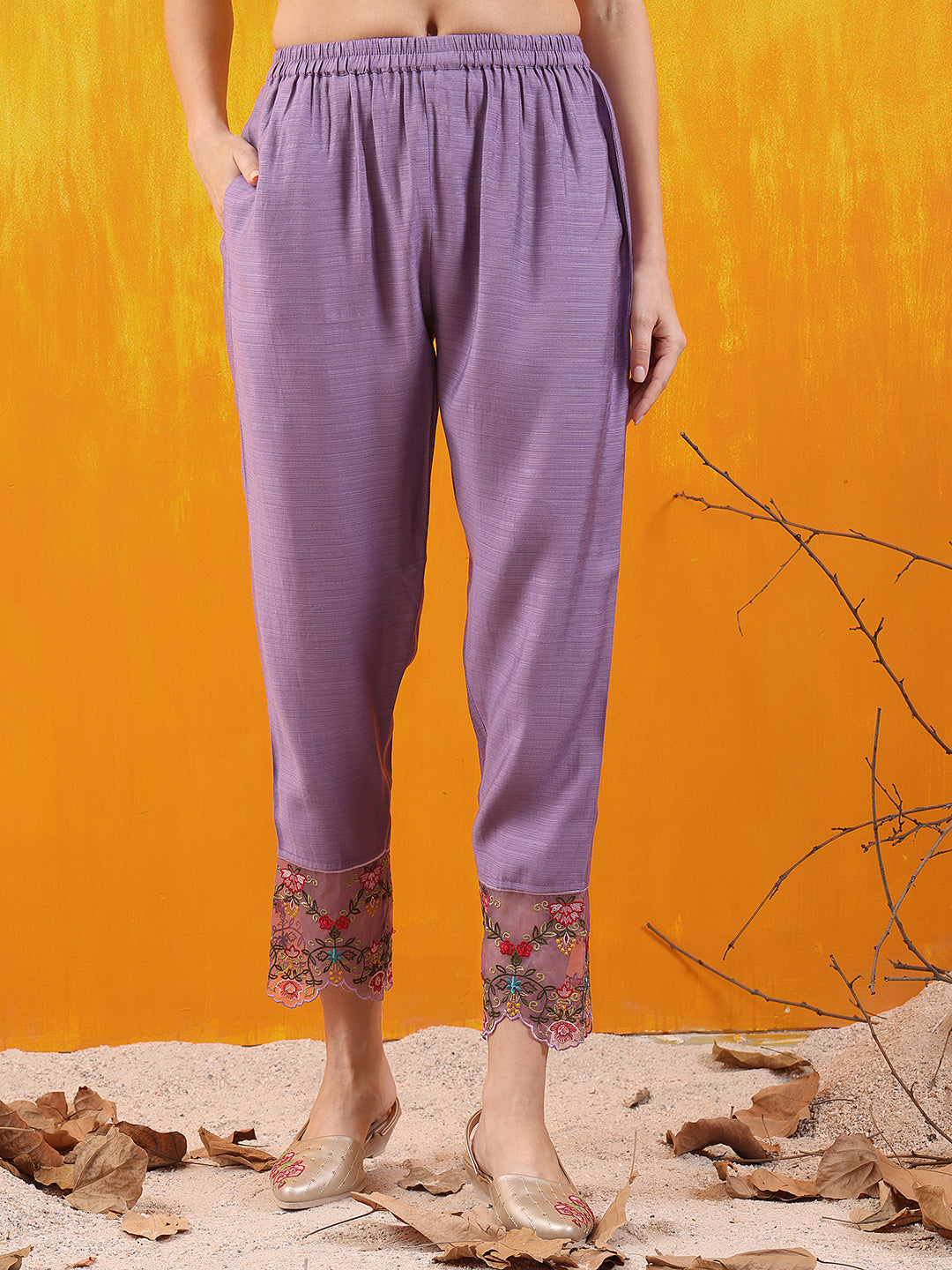 Applique Embroidered Kurta With Pant & Printed Dupatta, Lavender - Hiral Fashion - Distacart