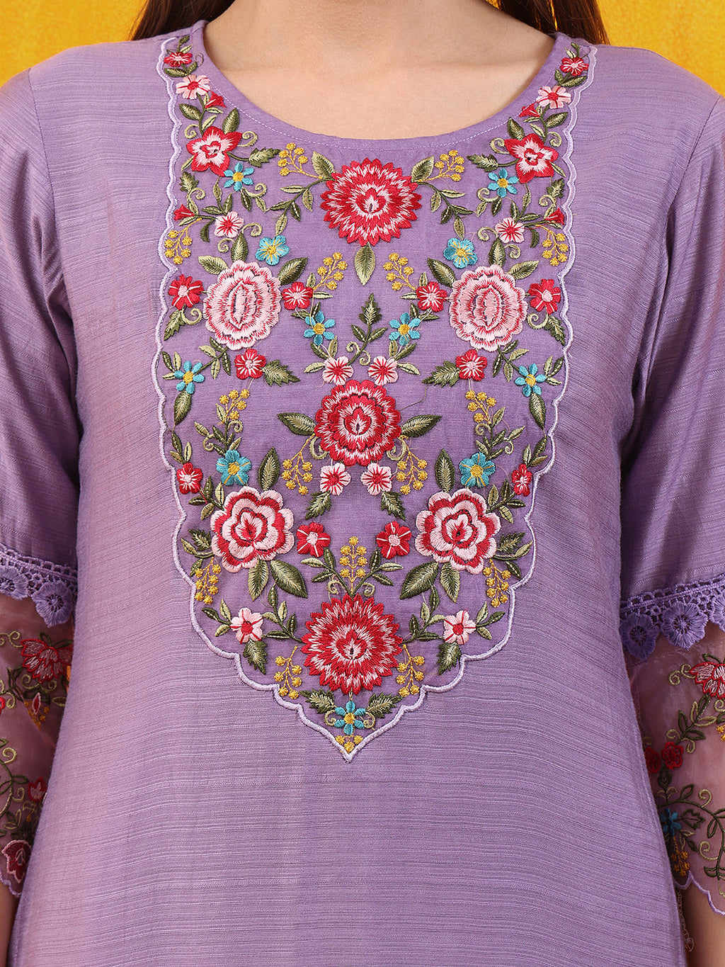 Applique Embroidered Kurta With Pant & Printed Dupatta, Lavender - Hiral Fashion - Distacart
