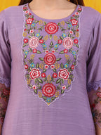 Applique Embroidered Kurta With Pant & Printed Dupatta, Lavender - Hiral Fashion - Distacart