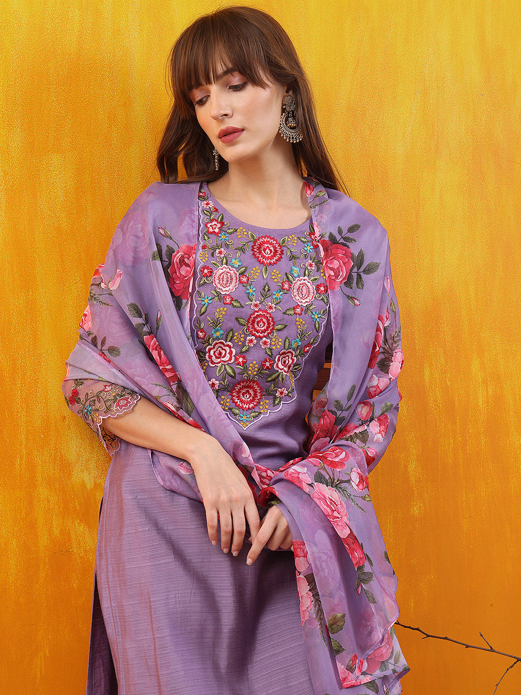 Applique Embroidered Kurta With Pant & Printed Dupatta, Lavender - Hiral Fashion - Distacart