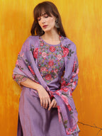 Applique Embroidered Kurta With Pant & Printed Dupatta, Lavender - Hiral Fashion - Distacart
