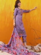 Applique Embroidered Kurta With Pant & Printed Dupatta, Lavender - Hiral Fashion - Distacart