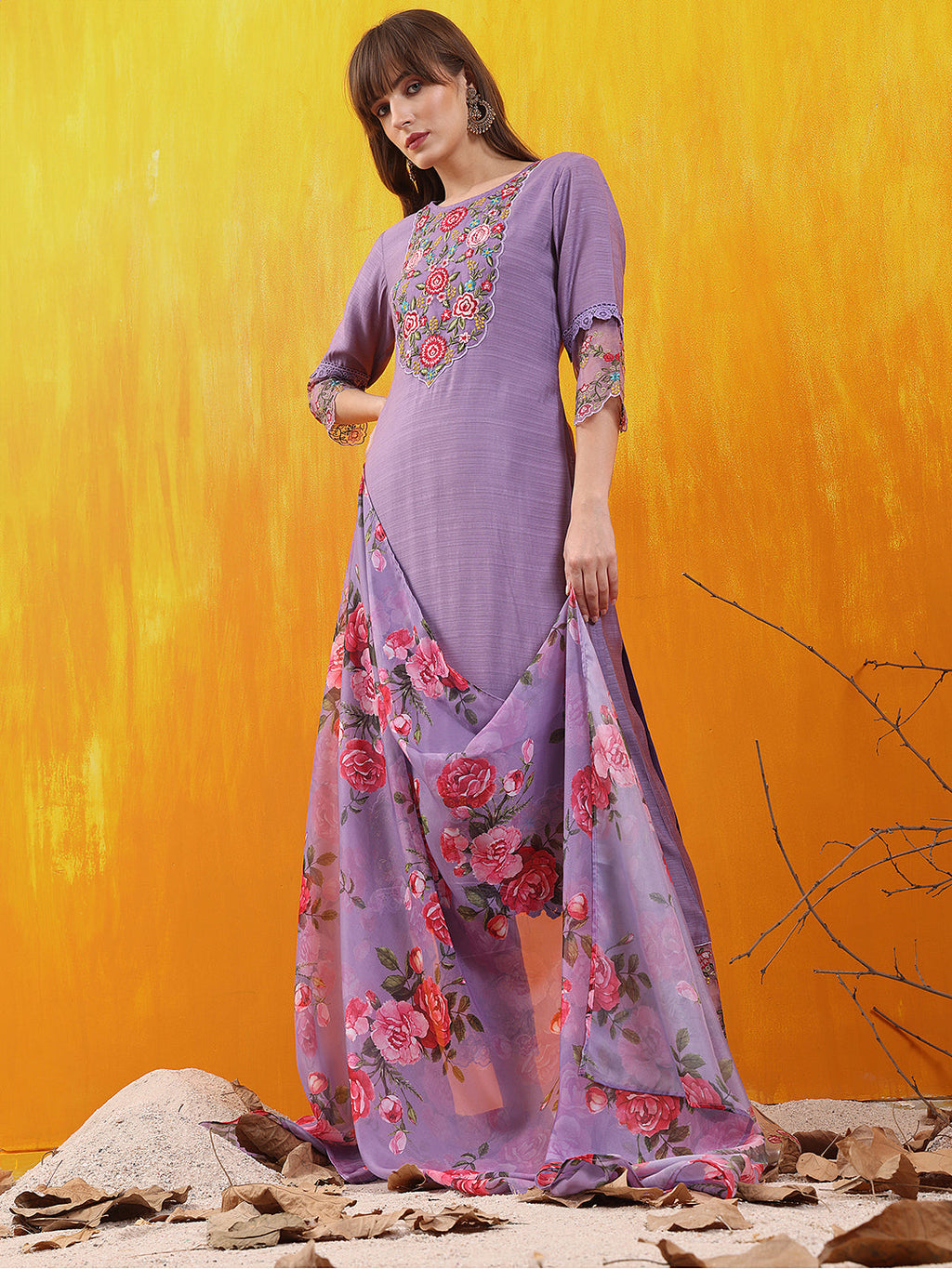 Applique Embroidered Kurta With Pant & Printed Dupatta, Lavender - Hiral Fashion - Distacart