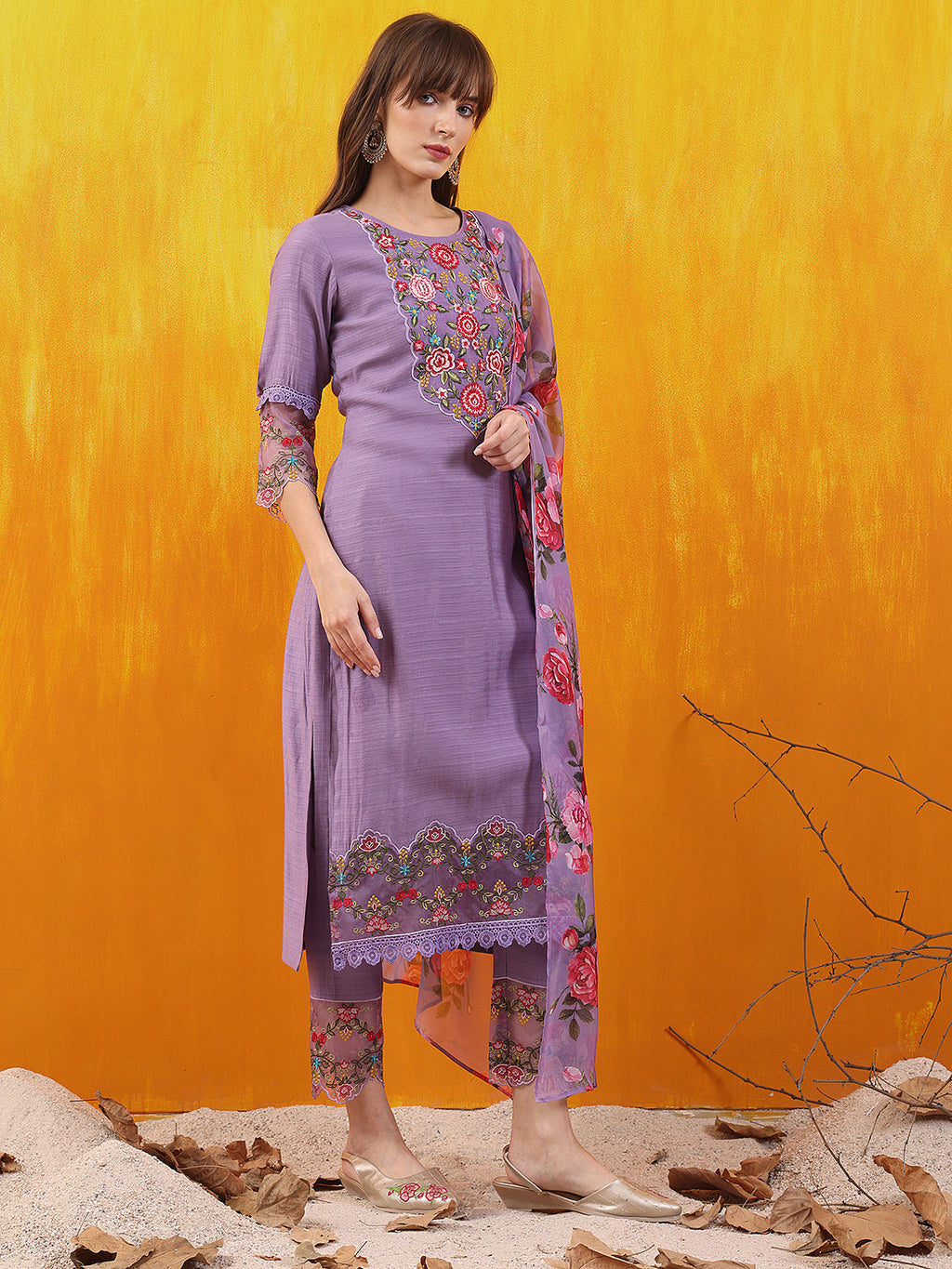 Applique Embroidered Kurta With Pant & Printed Dupatta, Lavender - Hiral Fashion - Distacart