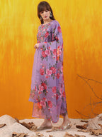 Applique Embroidered Kurta With Pant & Printed Dupatta, Lavender - Hiral Fashion - Distacart