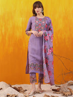 Applique Embroidered Kurta With Pant & Printed Dupatta, Lavender - Hiral Fashion - Distacart