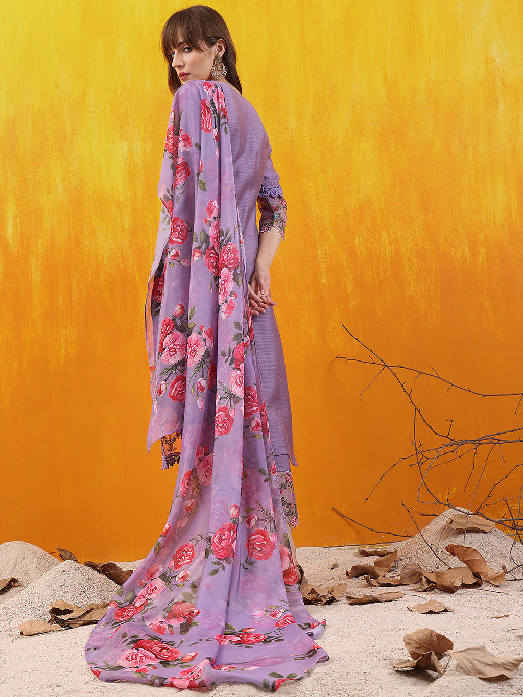 Applique Embroidered Kurta With Pant & Printed Dupatta, Lavender - Hiral Fashion - Distacart