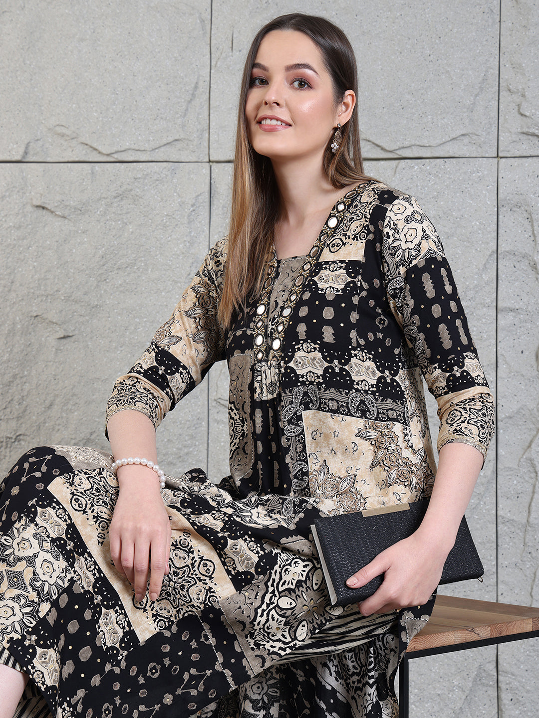 Hand Embroidered & Printed Kurta With Palazzo Pants, Black - Hiral Fashion - Distacart