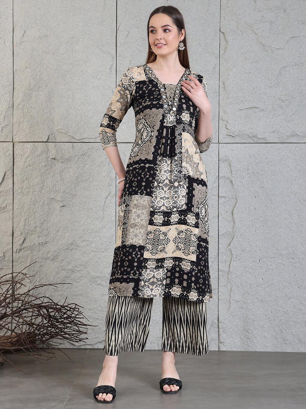 Hand Embroidered & Printed Kurta With Palazzo Pants, Black - Hiral Fashion - Distacart